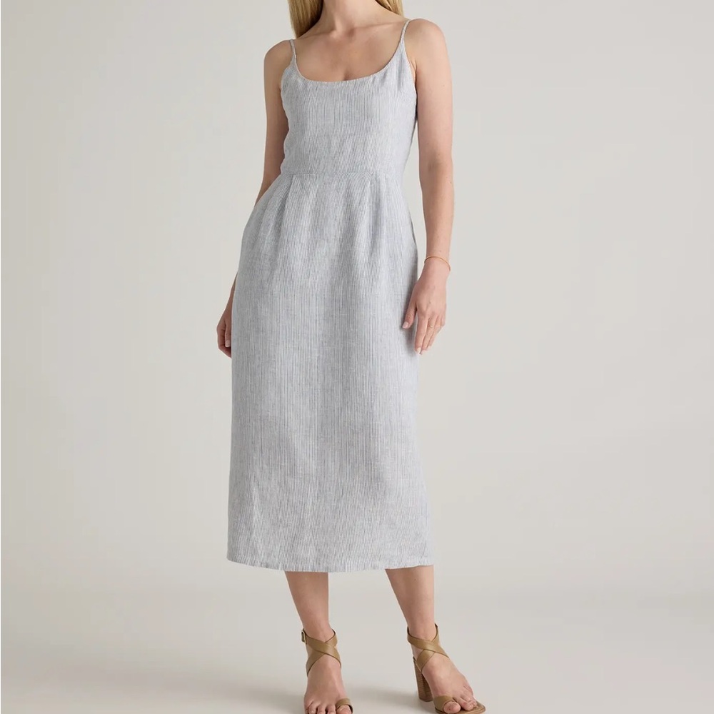 NWT 100% European Linen Scoop Neck Midi Dress (S) Blue Pinstripe